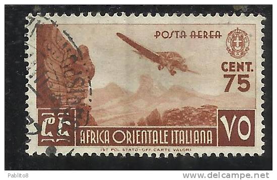 AFRICA ORIENTALE ITALIANA 1938 SOGGETTI VARI AEREA 75 C TIMBRATO - Italian Eastern Africa