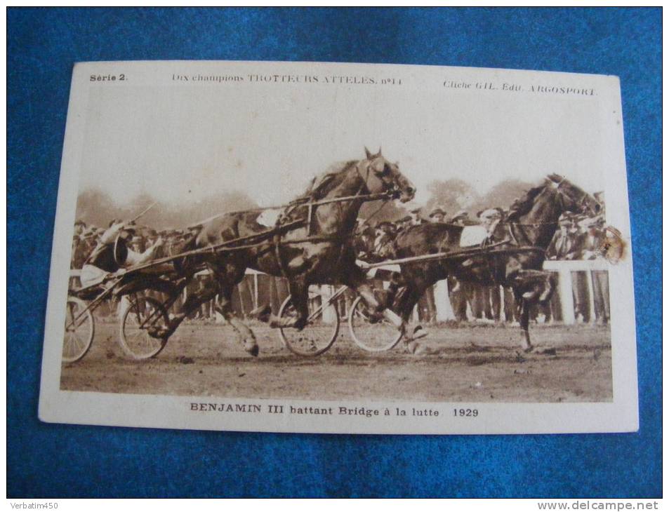CP.. CHEVAL BENJAMIN III BATTANT BRIDGE A LA LUTTE ..1929.. 1 TROU DE PUNAISES..RECTO VERSO - Horse Show