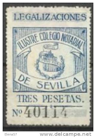 9161-SELLO FISCAL PREFECTO  CLASICO SEVILLA 3 PESETAS COLEGIO NOTARIAL SIGLO XIX - Fiscales