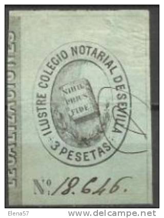 9164-SELLO FISCAL CLASICO SEVILLA 3 PESETAS COLEGIO NOTARIAL SIGLO XIX COLOR  VERDE AZULADO - Revenue Stamps