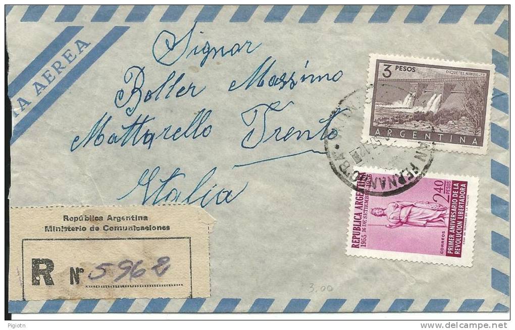 VE036 - LETTERA POSTA AEREA RACCOMANDATA DALL´ARGENTINA A MATTARELLO (TN) - 11.3.1957 - Storia Postale