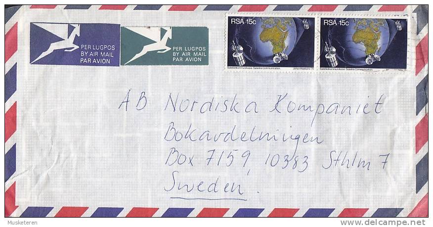 South Africa Airmail Lugpos Label 1976 Cover Brief To Sweden Satellite Communication Globe Map Landkarte (Pair) - Posta Aerea