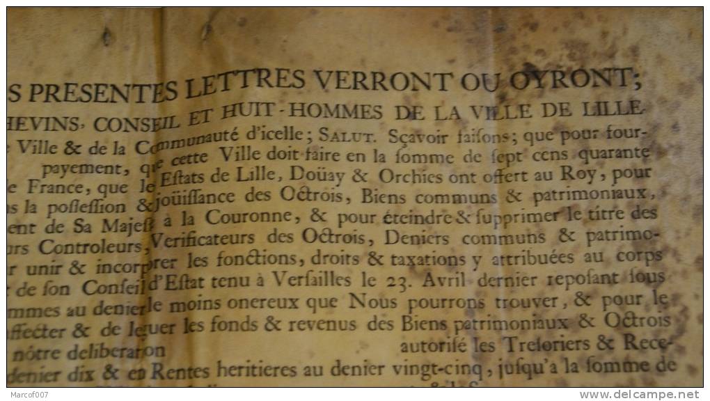 MANUSCRIT SUR PARCHEMIN DE LA VILLE DE LILLE 1727 A VOIR - Manuscrits