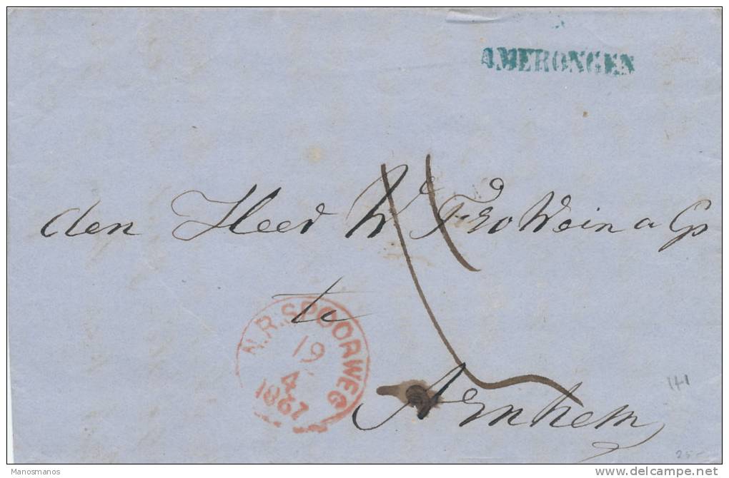 200/20 - NETHERLANDS Ambulant Cover NR SPOORWEG 1867 To ARNHEM - Linear Cancel AMERONGEN - Marcophilie