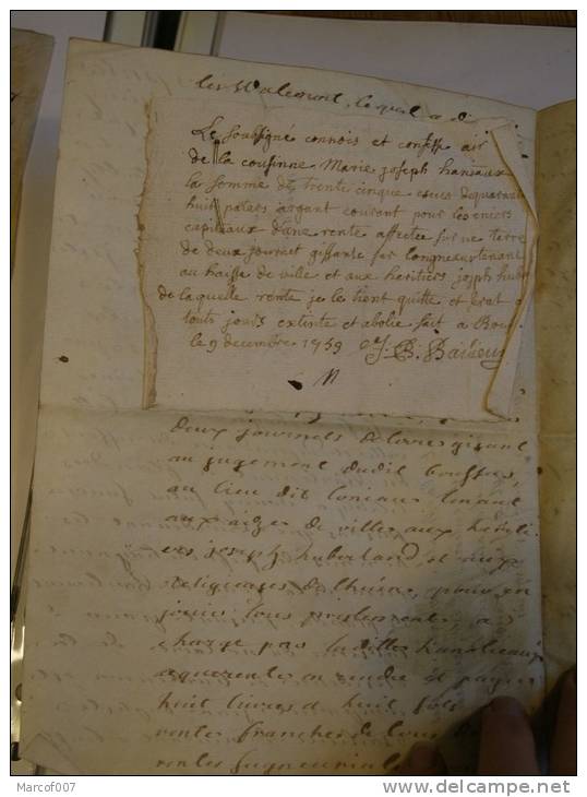 MANUSCRIT SUR  PARCHEMIN 4 PAGES -  + Une Annotation épinglée D Epoque..1760 ..BOUSSU?BOUFSUT ...MAUBEUGE + SEAU - Manuscrits