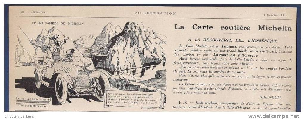 Pub  Papier 1919 Automobile Pneu  MICHELIN Humour Dessin Automobiles Bibendum - Publicités