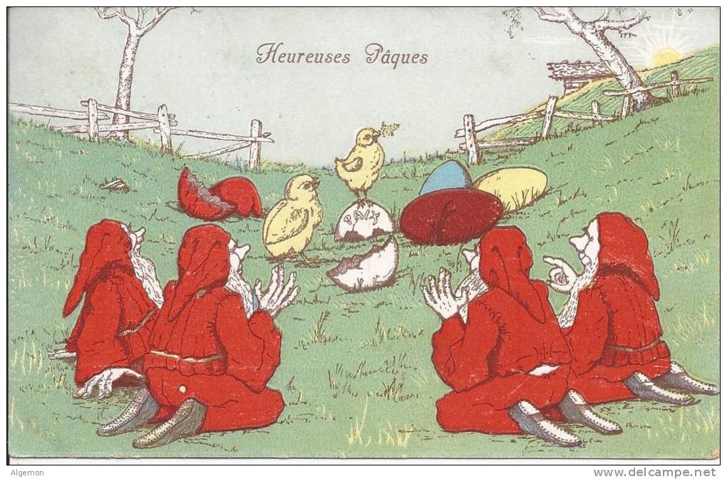 L955- Heureuses Pâques Poussin Sur L'Oeuf De La Paix Entouré De Nains Rouges - Pâques