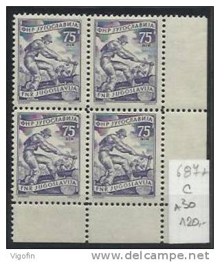 YU 1951-687C DEFINITIVE, YUGOSLAVIA, 4 X 1v, MNH - Sonstige & Ohne Zuordnung