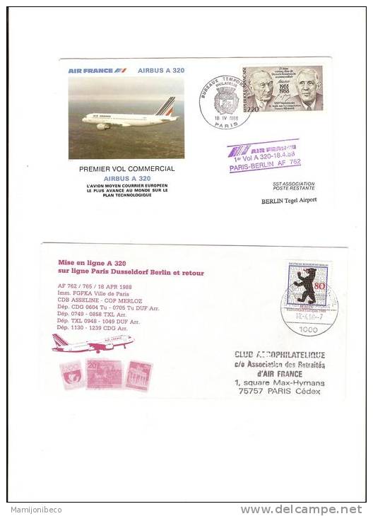 A 320  Deux Plis 1° Vol Mise En Ligne De L'avion Sur Paris Berlin Et Retour 1988 - Premiers Vols