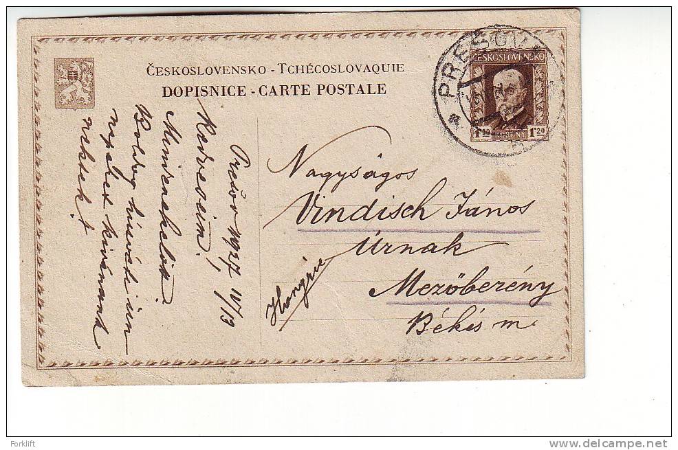 Czechoslovakia 1927 Presov Entier Postal Stationery To Hungary - Postales