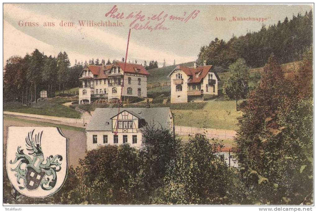 Gruß Aus Dem Wilischthal Amtsberg Alte Kuhschnappe Wappen Color 20.7.1908 Gelaufen - Zschopau