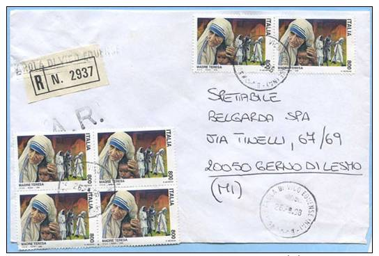 1988 MADRE TERESA L.800 COPPIA + QUARTINA BUSTA 26.9.98 TARIFFA LETTERA RACCOMANDATA MULTIPLO PURO E TIMBRO ARRIVO (5047 - 1981-90: Marcophilia