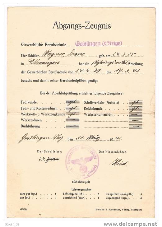 Abgangs-Zeugnis Gewerbliche Berufsschule Geislingen 1942 - Diploma's En Schoolrapporten