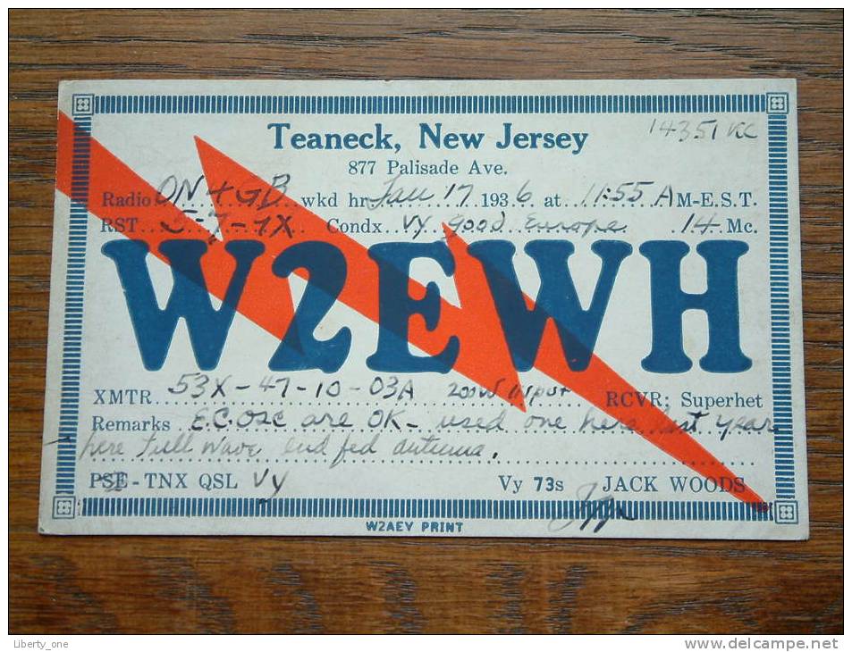 W2EWH Jack Woods / Teaneck New Jersey ( U.S.A.) / Anno 1936 ( Zie Foto Voor Details ) - Radio Amateur