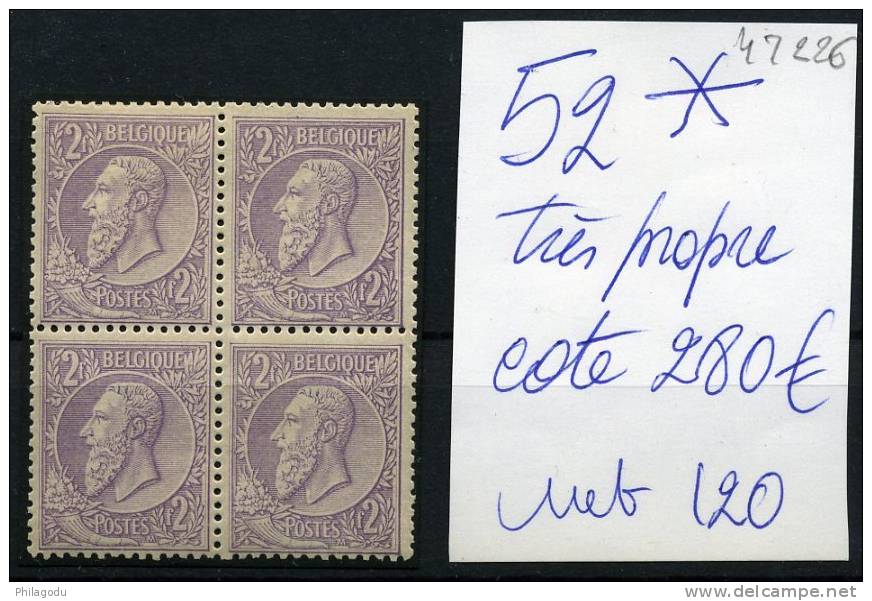 Bloc De 4 X N°52 *  Cote 280 Euros  Met Plakketje - 1884-1891 Léopold II