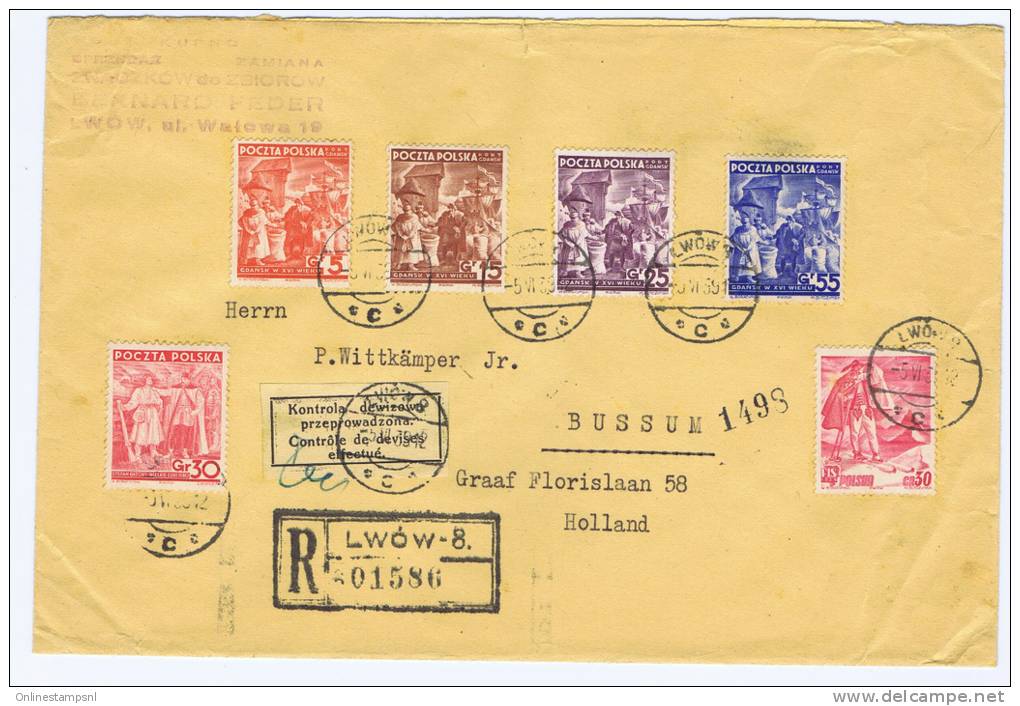 Poland/Polen: Port Gdansk Mi 34-37, + Polen 336 +353, Mixed Stamps Registered Cover Lwow To Bussum Holland Devises Check - Brieven En Documenten