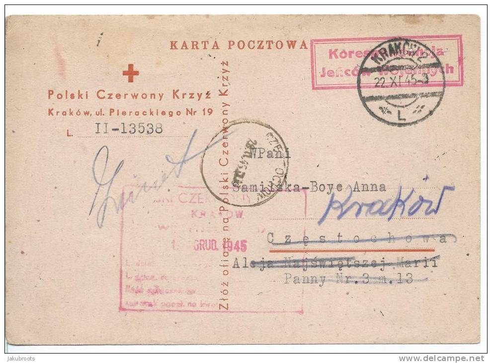 1945. POLISH RED CROSS  POSTCARD MISSING PERSON FORM. REDIRECTED  KRAKOW- - Prisoner Camps