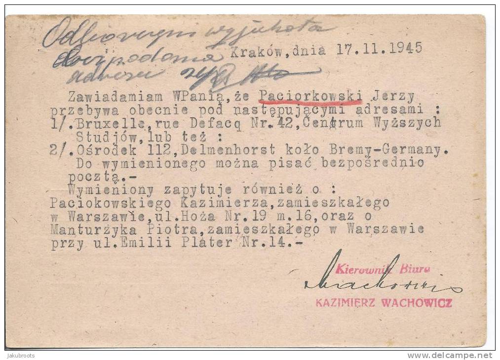 1945. POLISH RED CROSS  POSTCARD MISSING PERSON FORM. REDIRECTED  KRAKOW- - Prisoner Camps