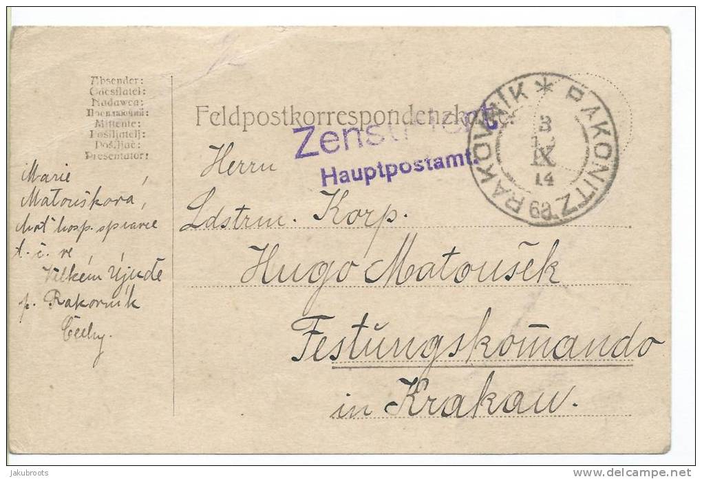 1914.FELDPOSTKORRESPONDEN ZKARTE. CENSOR MARK. RAKONITZ--KRAKOW. - Briefe U. Dokumente