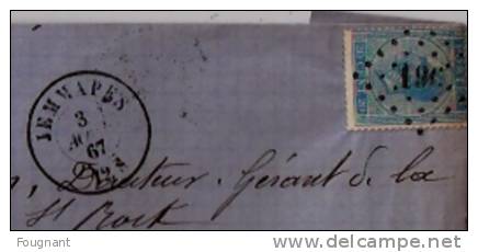 BELGIQUE :  1867:N°18 Sur Lettre De JEMMAPES à AUVELAIS.Oblit.Losange 191.Sans Texte. - 1865-1866 Linksprofil