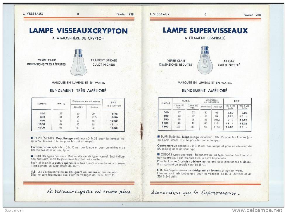 Catalogue LAMPES  VISSEAUX  -  Février  1938  -  Tarif E.58  -  LYON  -  PARIS  -  SAINT  ETIENNE - Electricity & Gas