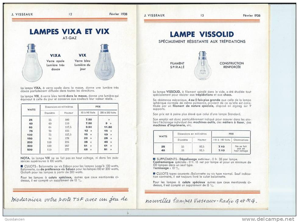 Catalogue LAMPES  VISSEAUX  -  Février  1938  -  Tarif E.58  -  LYON  -  PARIS  -  SAINT  ETIENNE - Electricity & Gas