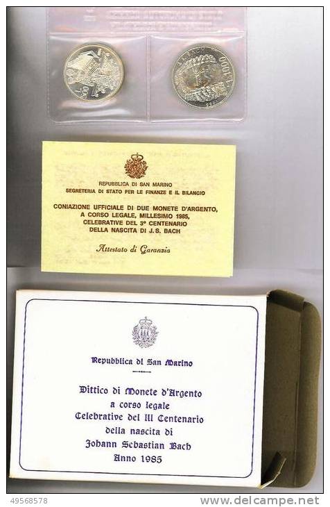 REPUBBLICA  SAN  MARINO  1985 - DITTICO DI MONETE D'ARGENTO A CORSO LEGALE COMM.VE  3° CENTENARIO NASCITA  J.S.BACH - - Saint-Marin