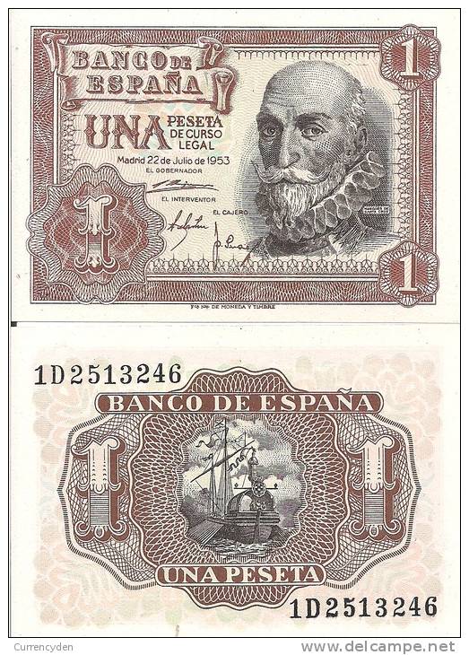 Spain P-144, 1 Pesetas, Marquéz De Santa Cruz / Spainish Galleon 1953  $6CV - 1-2 Pesetas