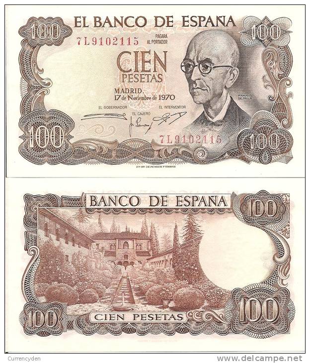 Spain P-152a, 100 Pesetas, Manuel De Falla / Home Of Moorish Kings $15CV - 100 Pesetas