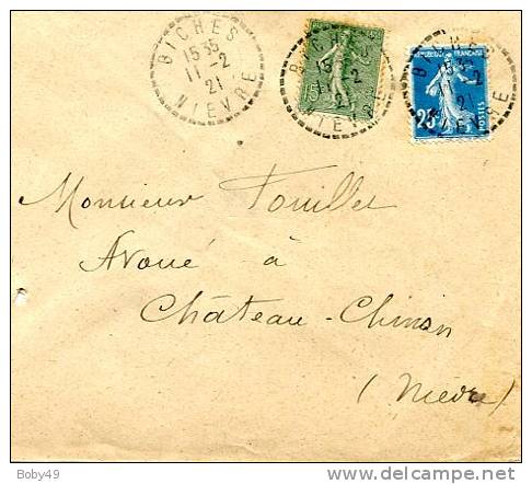 NIEVRE De BICHES Cachet B4 Sur Enveloppe De 1921 - 1921-1960: Periodo Moderno