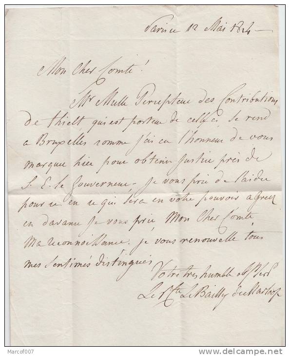 PRECURSEUR 1814 DU  COMTE DE BAILLY ....AU COMTE VANDE...DE CRUYSHEUTEN - BRUXELLES A VOIR + SIGNATURE MANUSCRITE - 1814-1815 (General Gov. Belgium)