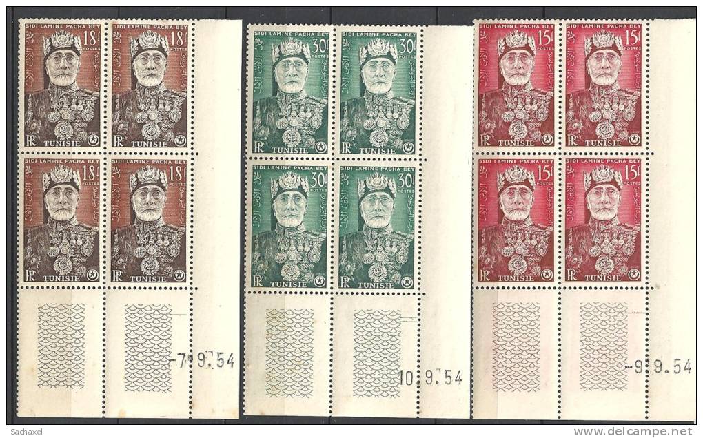 1954 Tunisie  N° 383 à 387 Nf** . Bloc De 4 Coin Daté (Effigie De Sidi Lamine Pacha Bey. - Neufs