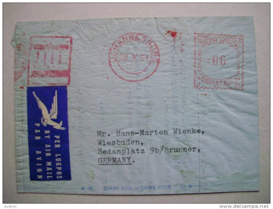 Südafrika Aerogramm TS 28.10.1961, Johannesburg - Luftpost