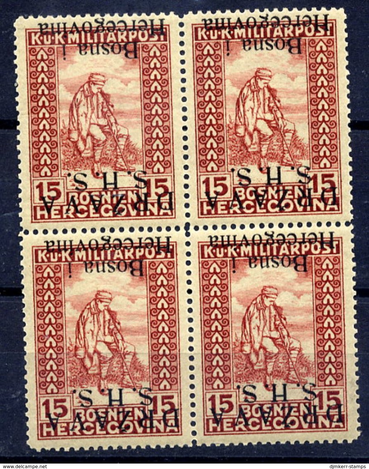 YUGOSLAVIA 1918 SHS Inverted Overprint On 15h War Invalids Block Of 4 MNH./ **.  Michel 20 I K - Ungebraucht