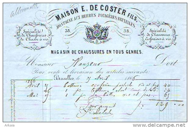 Bruxelles - 1866 - Maison E. De Coster - Magasin De Chaussures En Tous Genres - Textile & Vestimentaire