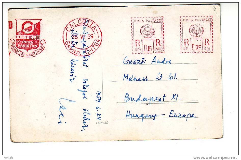 India 1959 Calcutta,red Meter Hotels India Pakistan Freistempel Hotel - Hotels & Gaststätten