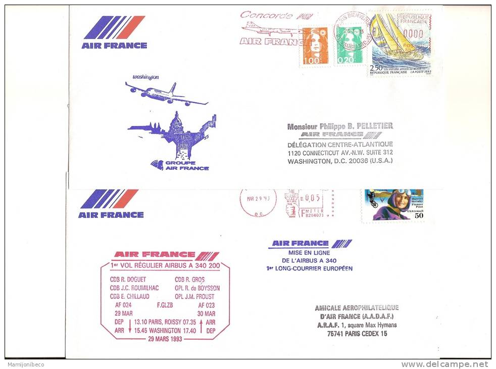 AIR FRANCE A 340 Mis En Ligne Sur Paris Washington Et Retour 29/03/93 Tirage Limité à 47 - First Flight Covers