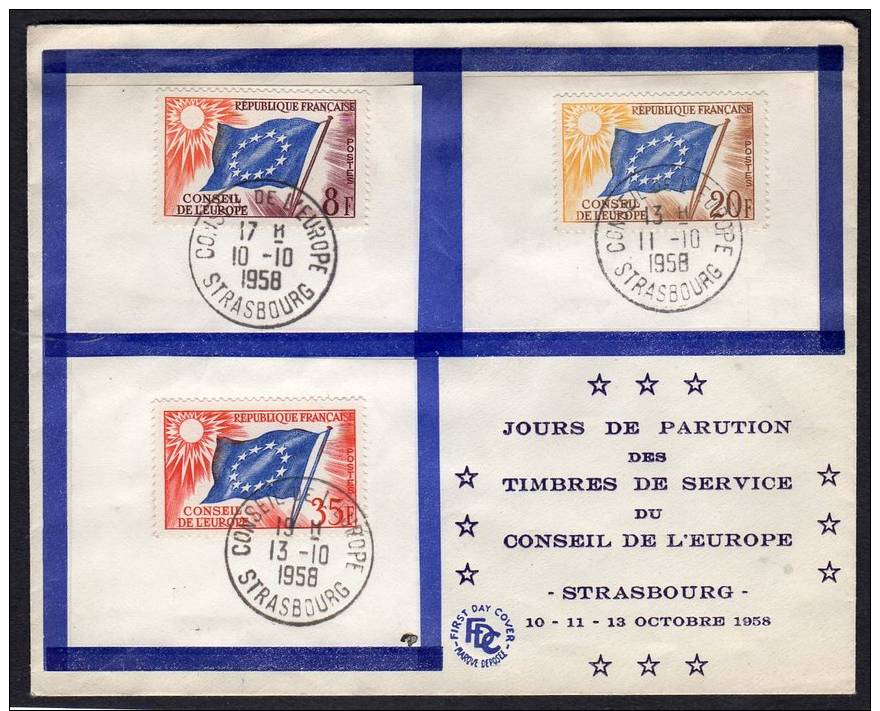 EUROPA Conseil De L’Europe 11.10.1958 8 Fr, 20 Fr, 35 Fr. On FDC (F40) - 1956