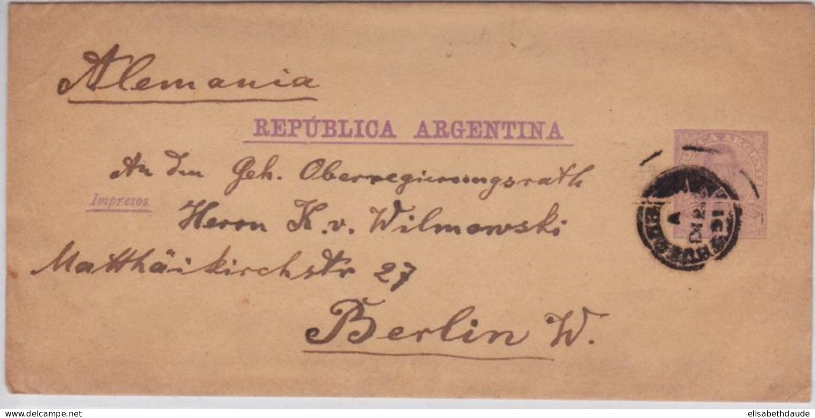 ARGENTINA - 1891 - BANDE JOURNAL De BUENOS AIRES Pour BERLIN - Interi Postali