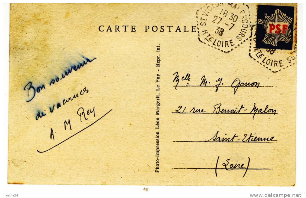 Carte Postale Avec Cachet Hexagonal Pointillé St Victor Malescourt Hte Loire 1938; Saint Didier En Velay Intérieur églis - 1921-1960: Période Moderne