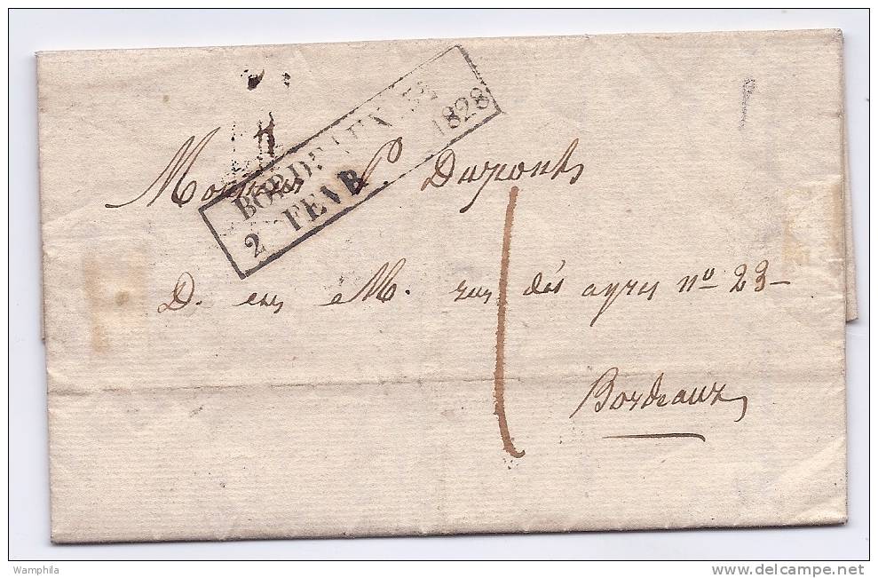 Cachet D´essai Bordeaux 32 / 2 Fevrier 1828 Sur Pli Avec Texte, Indice 20: 430/ 450€ - 1801-1848: Précurseurs XIX