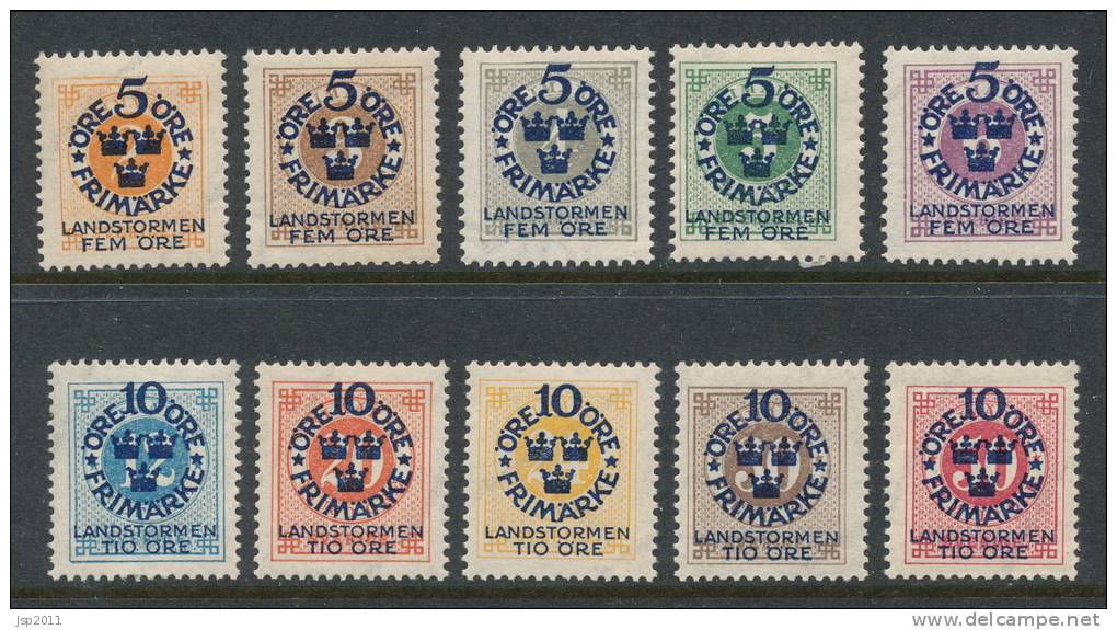 Sweden 1916 Facit # 105-114,  Set Of 10, Complet, Landstorm  I, Surcharge On Reprint Of Numeral Types, MNH - Neufs