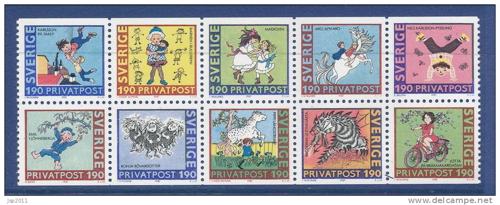 Sweden 1987 Facit # 1448-1457, Discount Stamps IX, Astrid Lindgren's Tales. Se-tenant Block From Booklet H376, MNH (**) - Nuevos