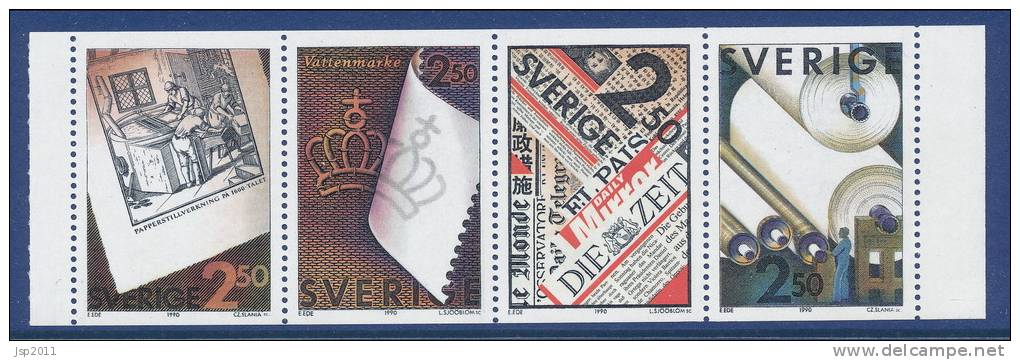 Sweden 1990 Facit # 1636-1639, Pulp And Paper. Se-tenant Strip Of 4 From Booklet H407, MNH (**) - Nuevos