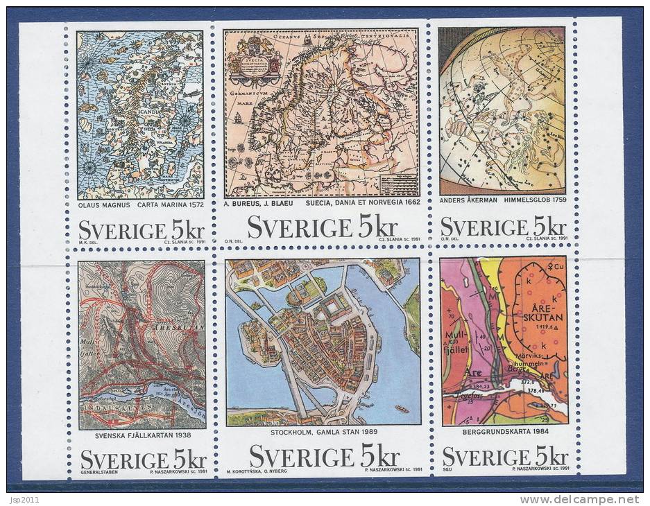 Sweden 1991 Facit # 1672-1677, Swedish Maps. Se-tenant Pane From Booklet H413, MNH (**) - Nuevos