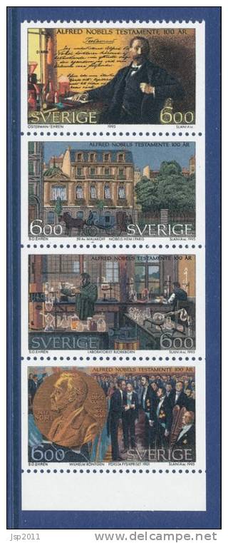 Sweden 1995 Facit # 1934-1937. Alfred Nobel's Will 100 Years. Se-tenant Pane Booklet H465, MNH (**) - Nuevos