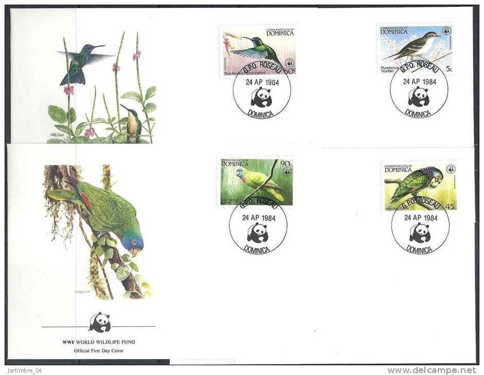 1984 DOMINIQUE 794-97** Oiseaux, WWF, 4 FDC - Dominica (1978-...)