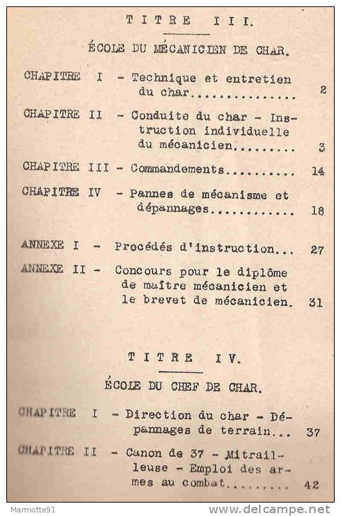 REGLEMENT UNITE CHARS LEGERS BCC FT17 1920 ARME BLINDEE TANK RENAULT ECOLE MECANICIEN CHEF CHAR - Francese