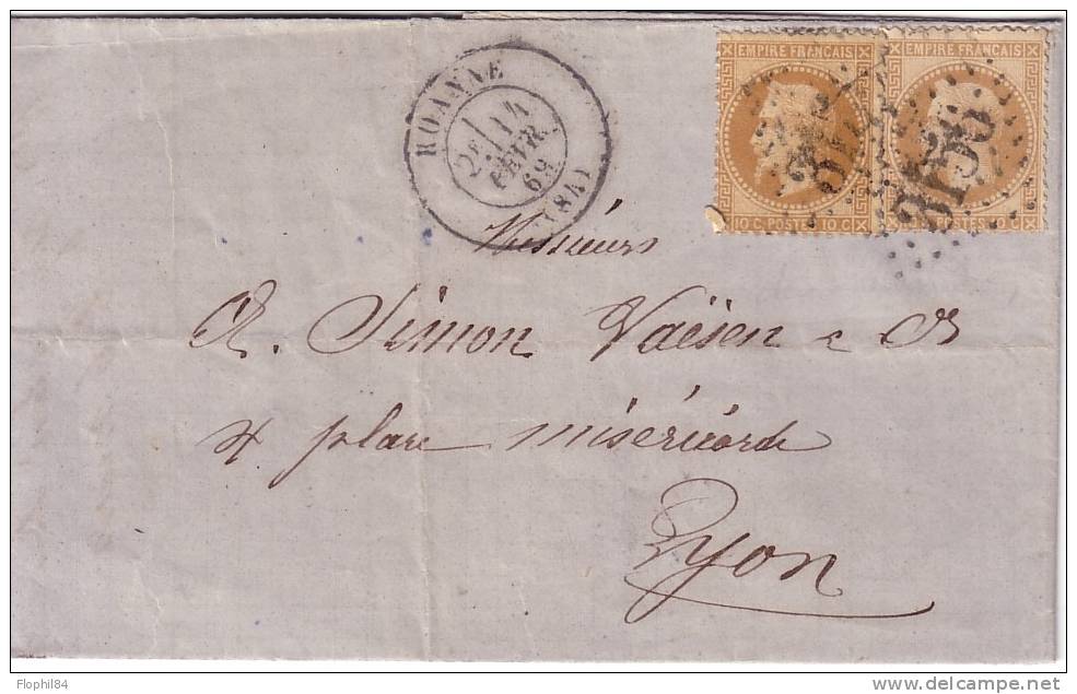 LOIRE - ROANNE 14-2-1869 N°28 X 2 OBLITERATION GC3156 - AVEC TEXTE. - 1849-1876: Classic Period