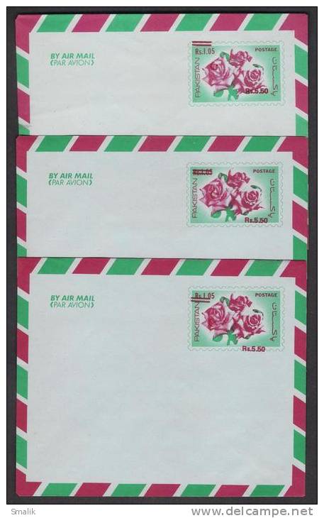 PAKISTAN 1987 Airmail Stationery Rs. 5.50 Overprint On Rs. 1.05 ERROR 3 Different Settings, Unused - Pakistan